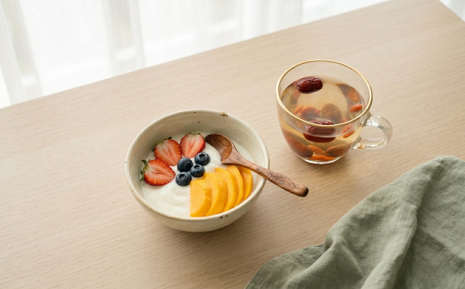 Yogurt with fruit and tea