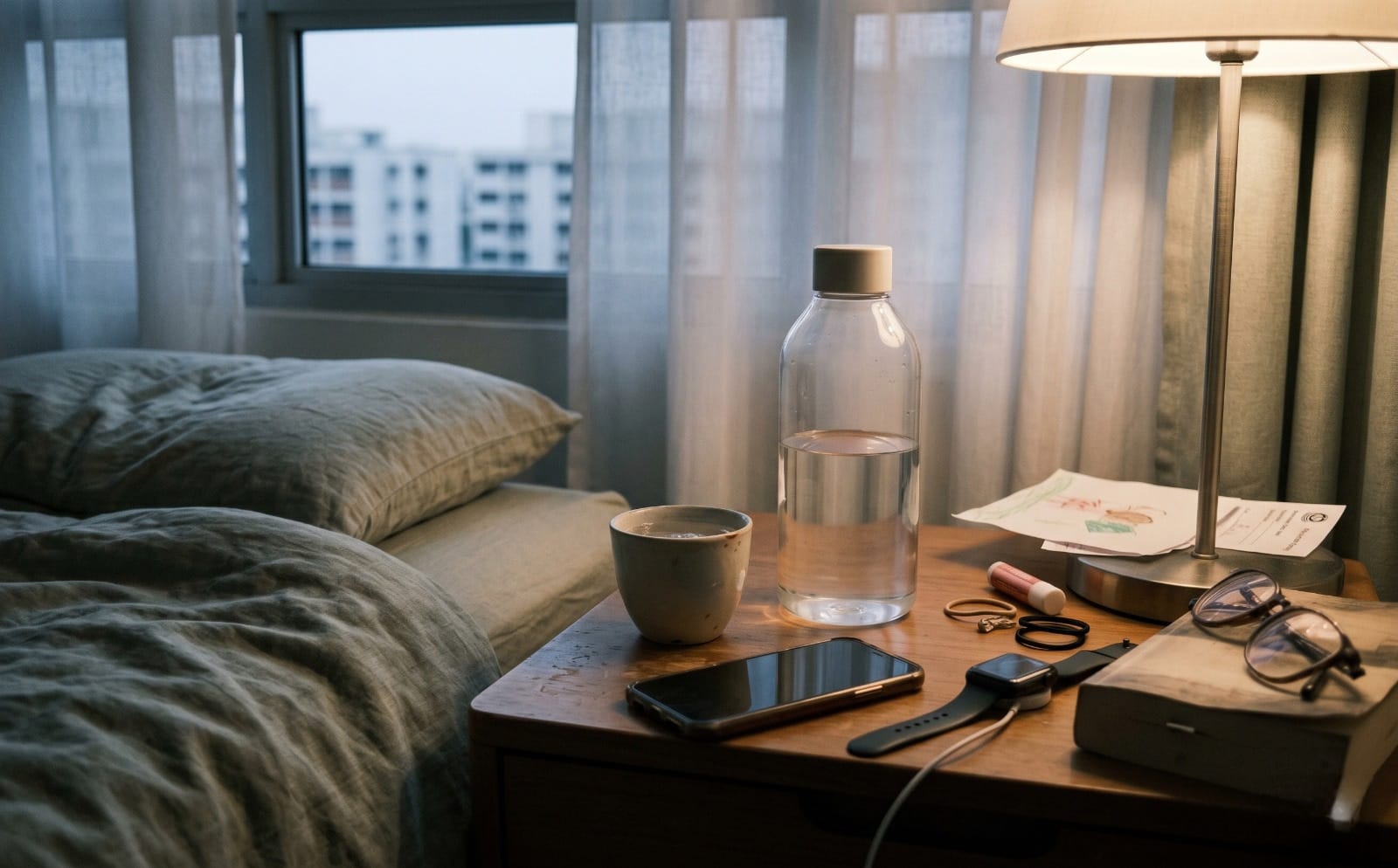 Warm water on bedside table