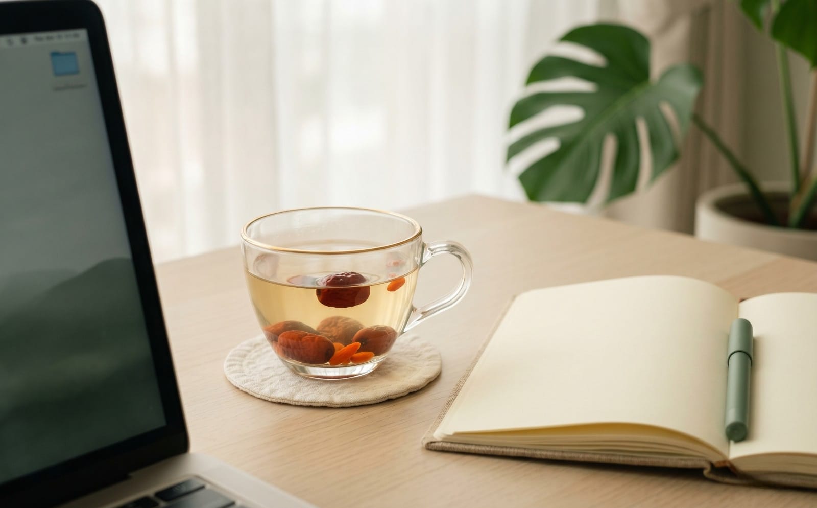 Red date goji tea at desk